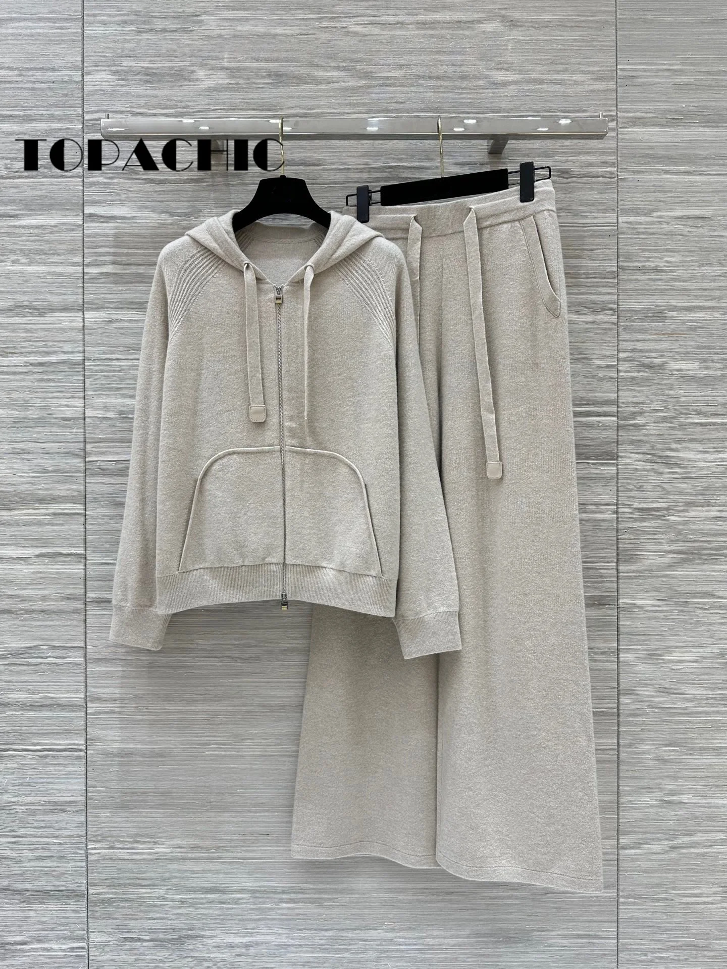 8.31 TOPACHIC-Women Hooded Jacquard Pocket Zipper Knit Cardigan + Drawstring Elastic Waist Pants Temperament Casual Set