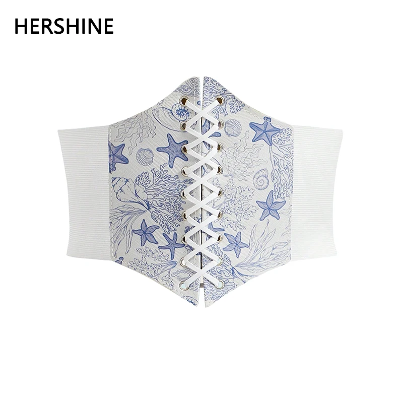 HERSHINE 1-piece women's fashion white elastic high-waisted wide belt, ocean theme, elegant dress and accessories，spring，summer