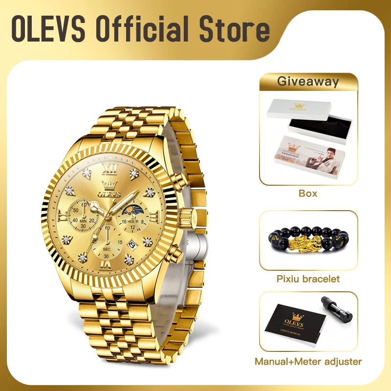 OLEVS 2932 Mens Watch Original Quartz Wristwatch Chronograph Zircon Scale Waterproof Luminous Watches For Men Three Small Dial