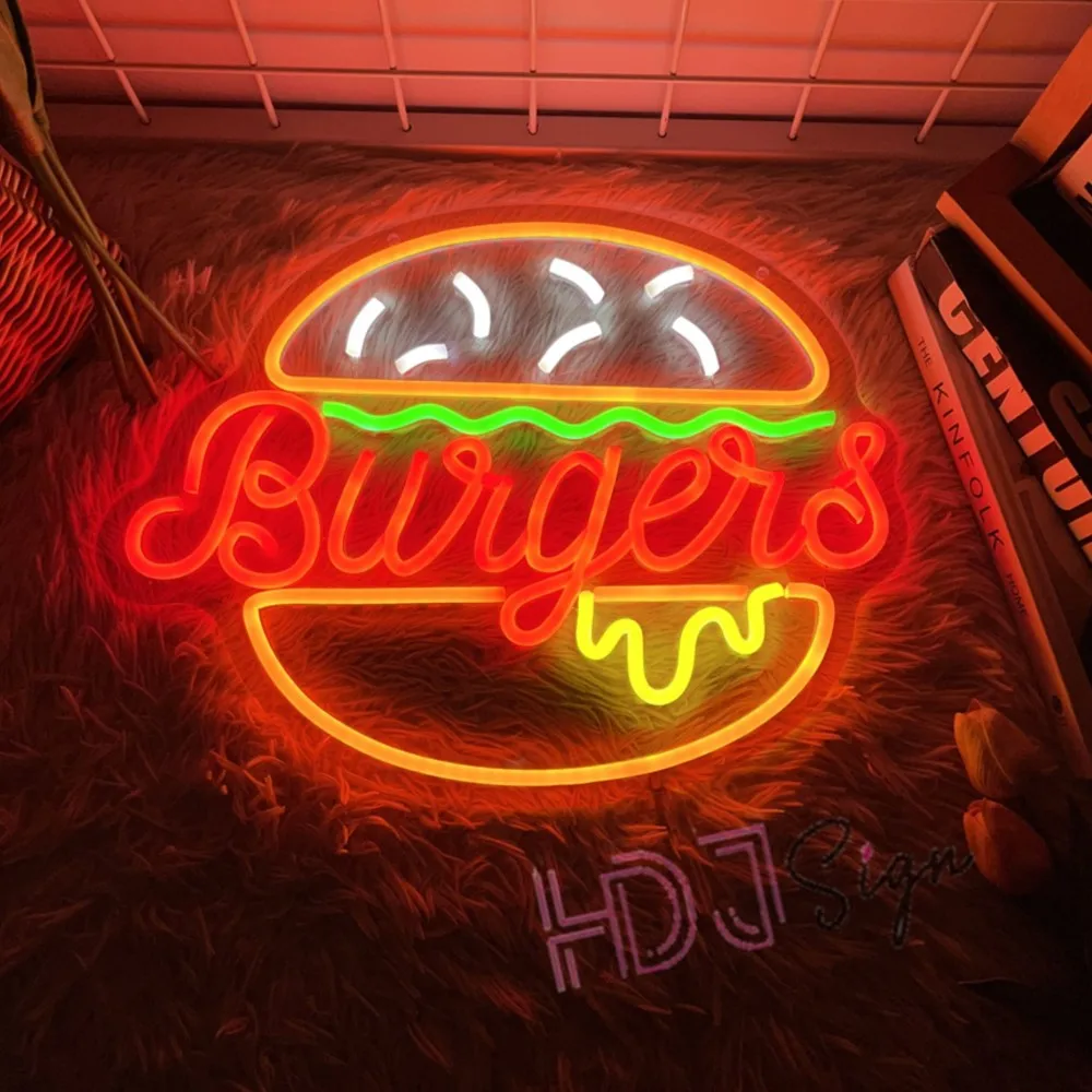 Burger Fries Neon Sign For Wall Decor Art Hamburger LED Neon Light Fast Food Business Sign For Home Restaurant Man Cave Decor