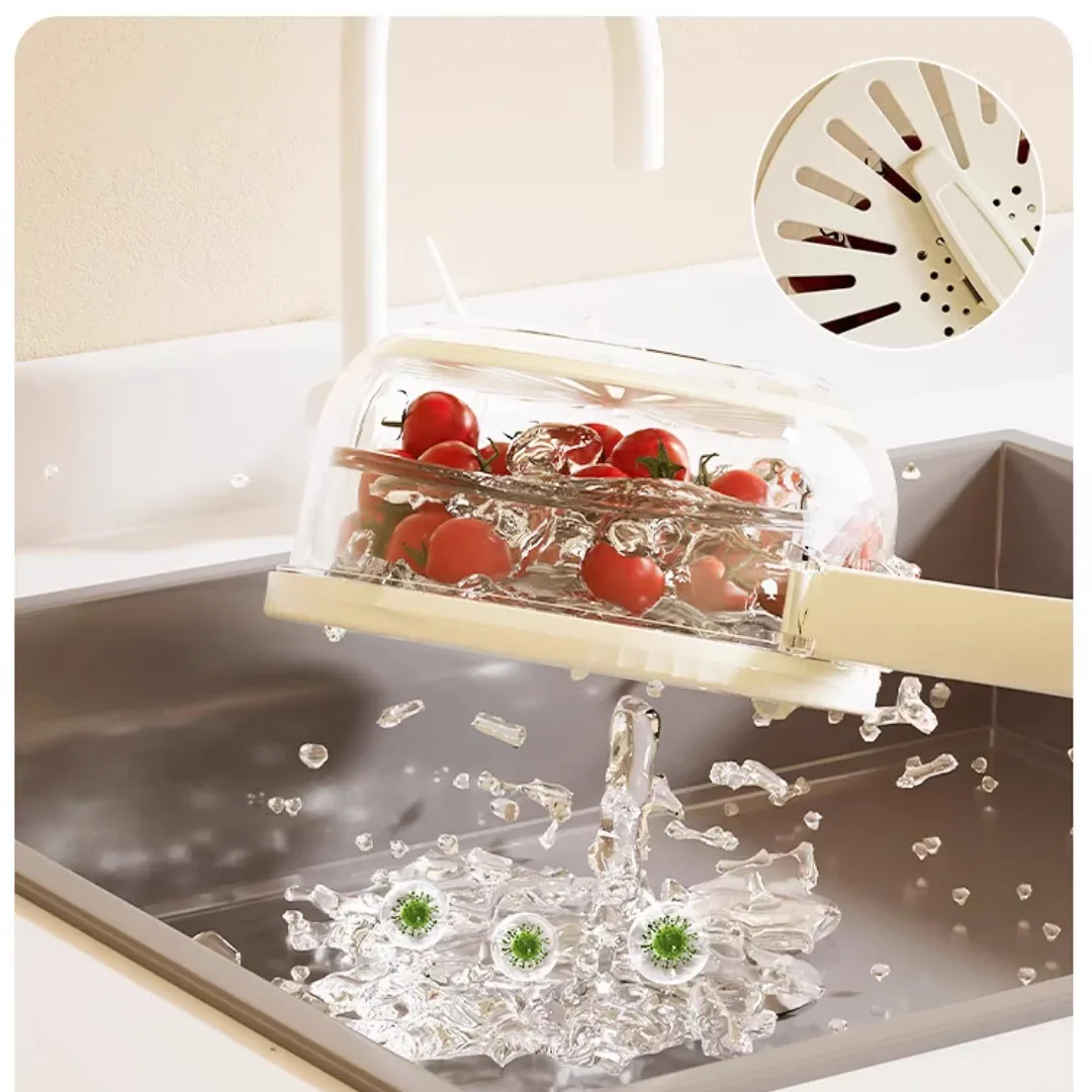 1pc Kitchen Foldable Draining Basket Sink Fruit Vegetable Washing Basket Refrigerator Food Preservation Storage Box With Lid