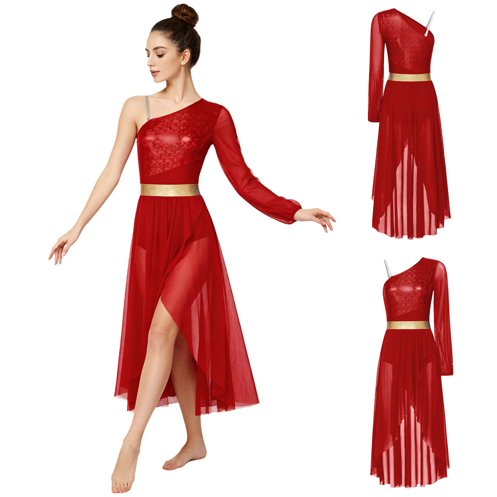 

Женское лирическое современное бальное платье-леотард с одним открытым плечом, длинным рукавом, металлическим лифом и асимметричной сетчатой юбкой, для танцев и церемоний