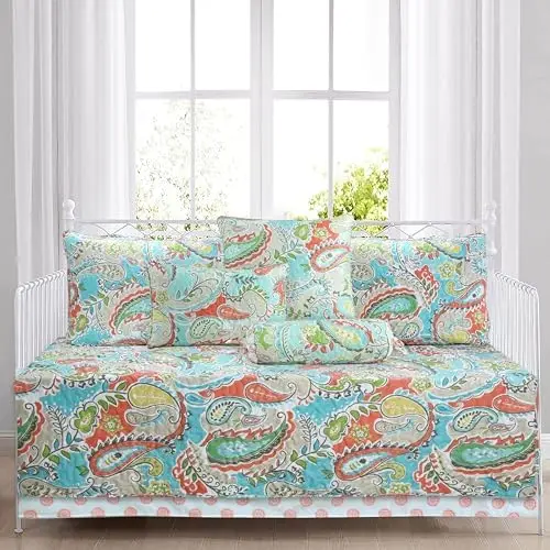 Cozy Line 7 Piece Daybed Cover Set - Mirage Paisley Turquoise Blue Coral Floral Leaf Reversible All Season Luxury