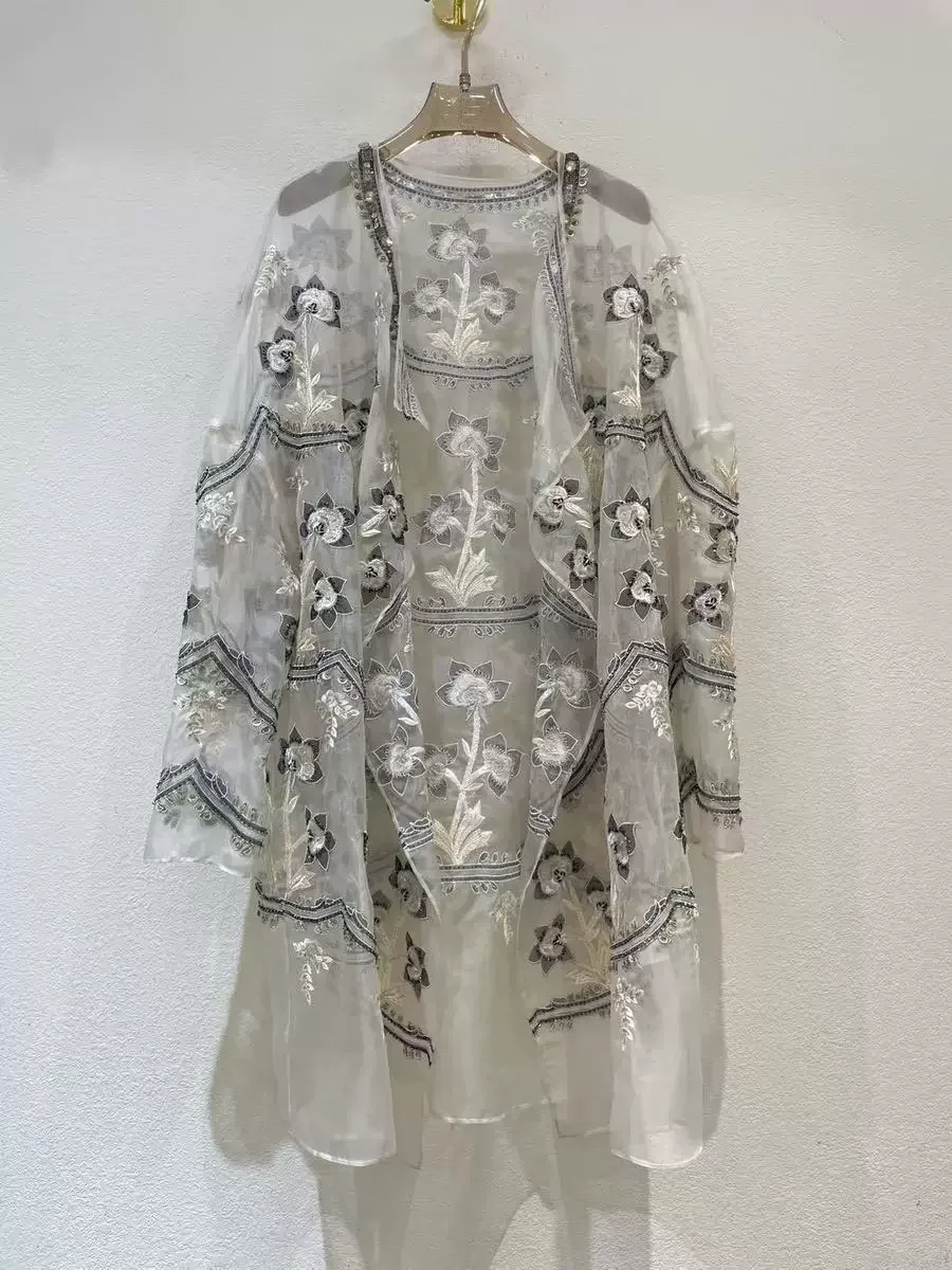 

Luxury Light Gray Cardigan Handmade Beaded Sequins Flowers Embroidered Long Coat Women Transparent Loose Silk Organza Top