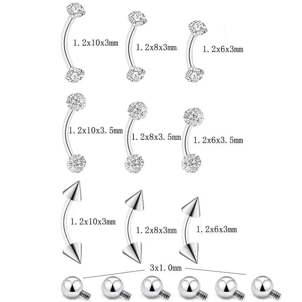 16Pcs Set Eyebrow Piercing Jewelry with Tool Stainless Steel Curved Barbells for Surgery Ball Spike Eyebrow Rings for Women Men