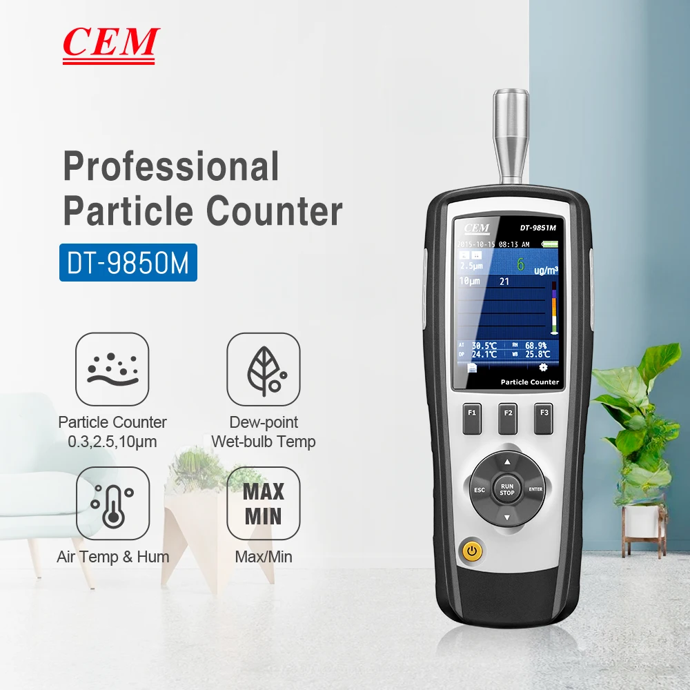 

CEM DT-9850M Professional Handheld 2.83L/min Flow Rate Air Laser PM0.3 PM2.5 PM10um Particle Counter