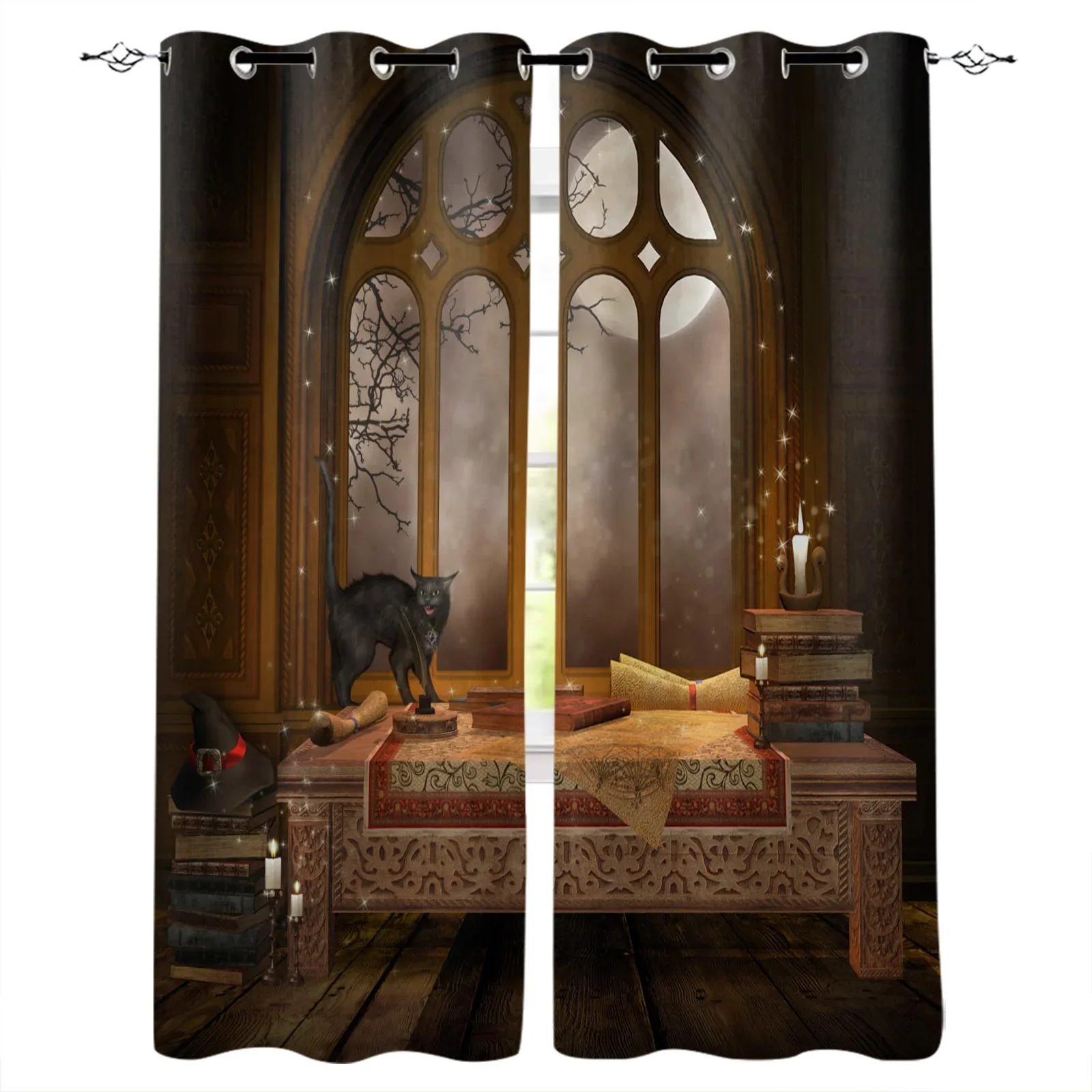 Castle Window Desk Moon Cat Book Blackout Curtains Window Curtains for Bedroom Living Room Decor Window Treatments