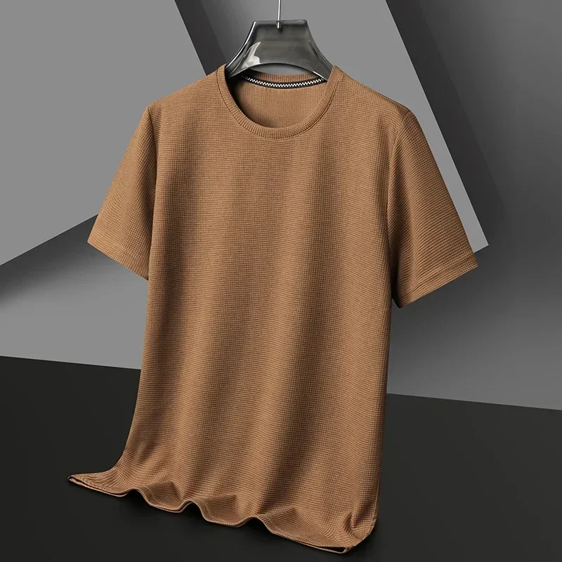 Summer Men's Casual Waffle Round Neck Short Sleeved T-shirt  Breathable Comfortable Fashion Short Sleeved Top