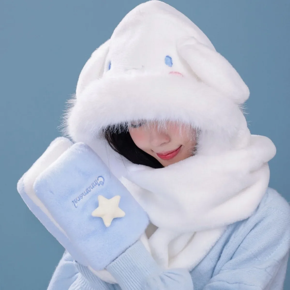 Sanrio Genuine Cartoon Cute Cinnamoroll Hat Scarf Gloves Three-in-one Furry Winter Warm and Cold Protection Girl Gift