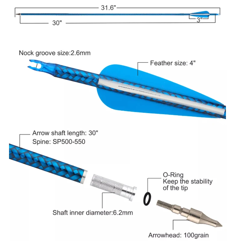 TOPARCHERY Bogenschießen 30" Carbonpfeile Spine 550 Austauschbare Spitzen Jagd- und Outdoor-Übungspfeil