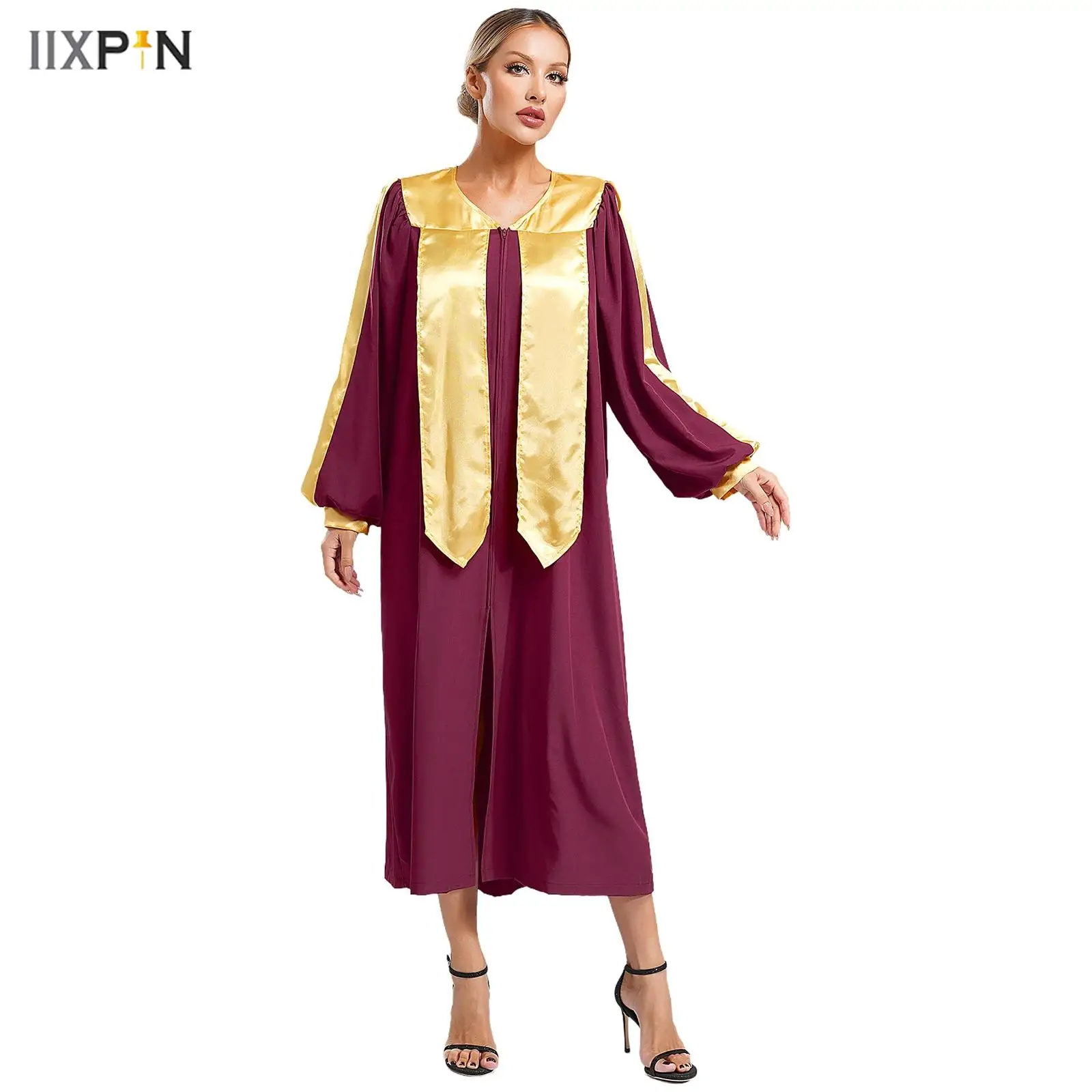 

Womens Mens Choir Robe Liturgical Priase Dance Dress Halloween Cosplay Theme Party Costume V-neck Long Sleeve Color Block Gown