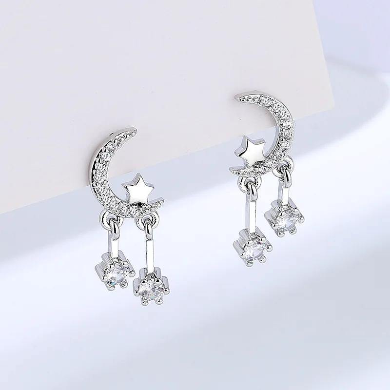 Sterling Silver Color Srat and Moon Tassel Ear-Sticks Women's Earrings Fashion Jewelry 2096