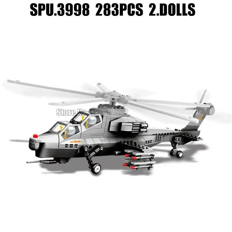 4002 283pcs Military Wz-10 Helicopter Gunship Aircraft Weapon Army Boy 1:38 Building Blocks 2 Dolls Toy