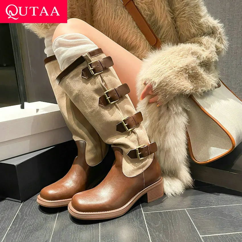 

QUTAA 2023 Autumn Winter Women Knee High Boots Fashion Splicing Mixed Color Genuine Leather Med Heel Shoes Woman Size 34-39