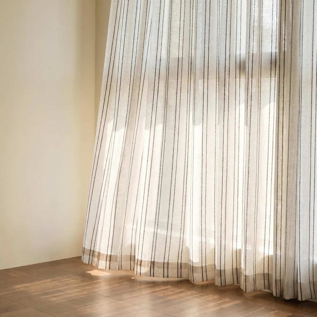 Farmhouse Neutral Striped Linen Window Curtain Rustic Breathable Semi Sheer Drape For Apartment Home Decor
