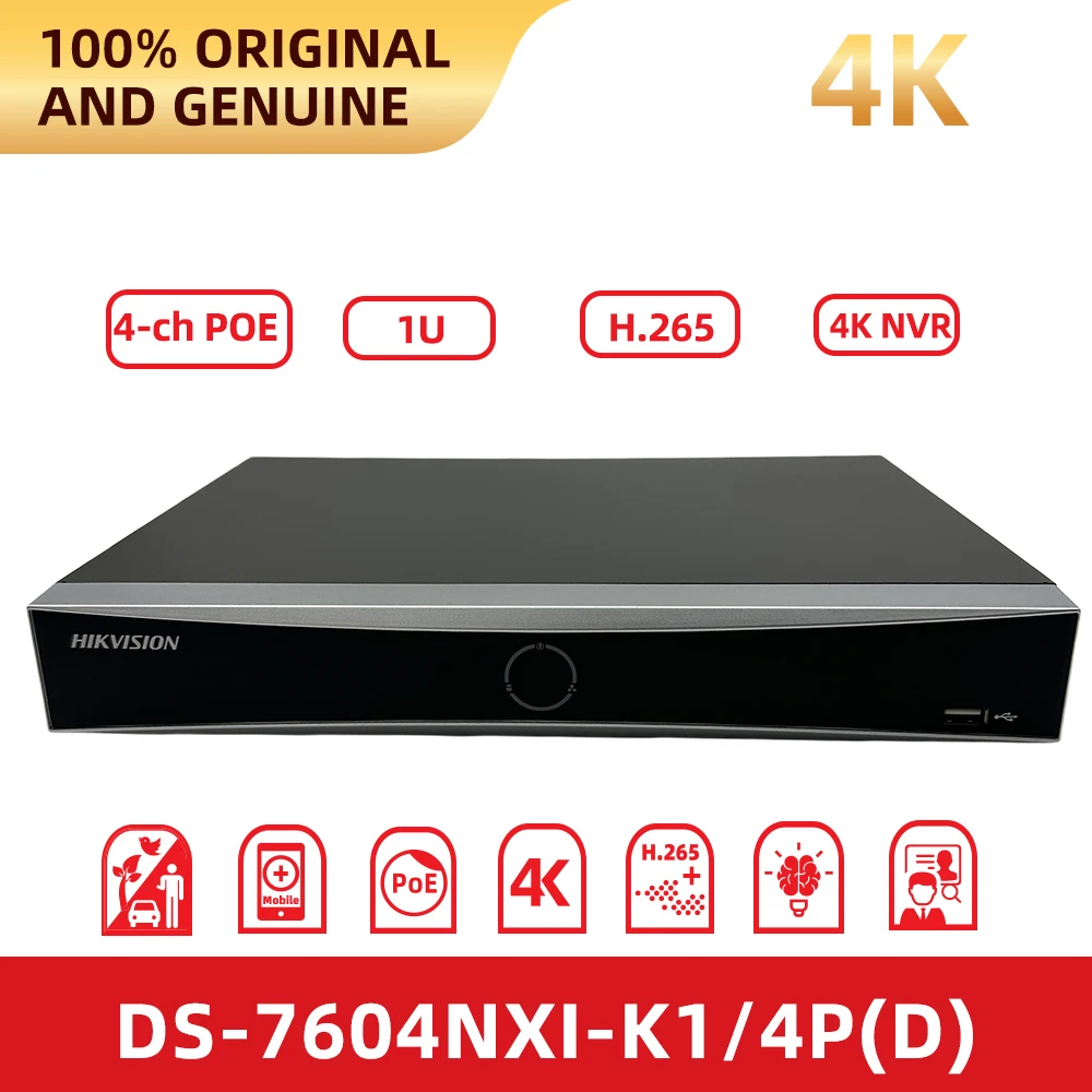 Hikvision DS-7604NXI-K1/4P(D) 4CH 4K AcuSense PoE NVR 1U 1SATA 40Mbps H.265+ AI Human Vehicle Detection Facial Recognition HDMI
