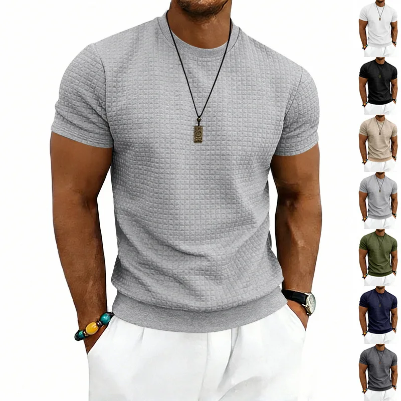 American Summer Men's Sports Small Grid Simple Casual Round Neck Texture Short-sleeved T-shirt