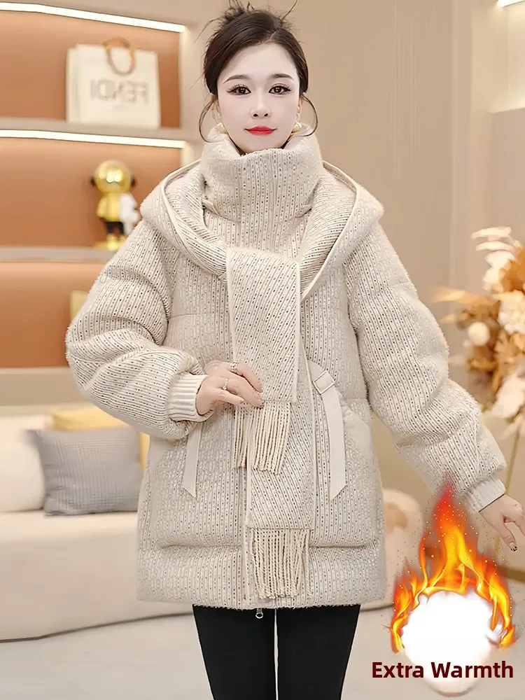 

Women's Faionable Hooded down Cotton Jaet Thi Warm Scarf Collar Winter New Sle Commute Korean Loose Fit Zipper Closure