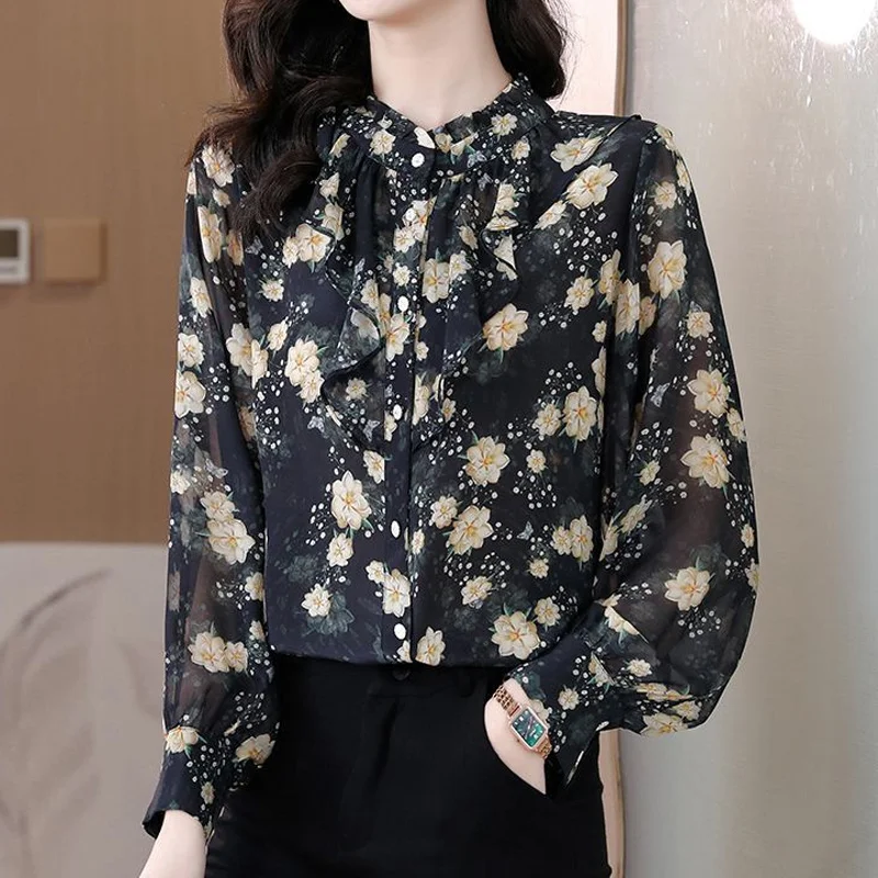 Temperament Floral Thin Blouse Long Sleeve Ruffles Chiffon Loose Printing Shirt Tops Elegant Vintage Women Clothing Summer New