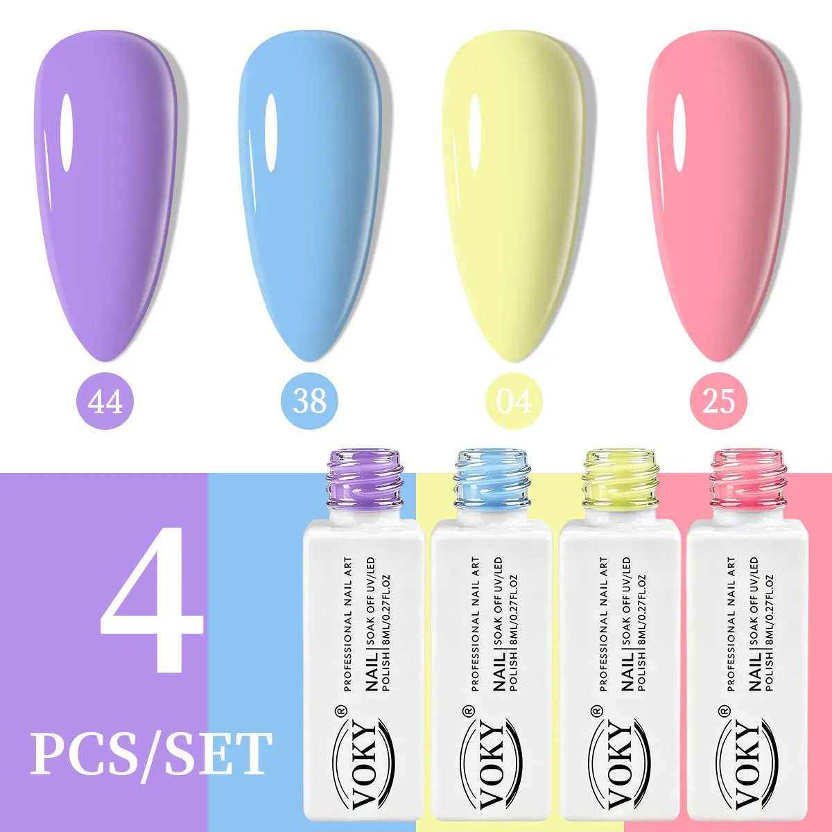 VOKY four-piece macaron pastel color nail gel set includes solid colors such as purple, sky blue, lemon yellow, and hot pink, with high color rendering and a bright shine, making it an ideal choice for spring and summer holiday salons and DIY manicures.