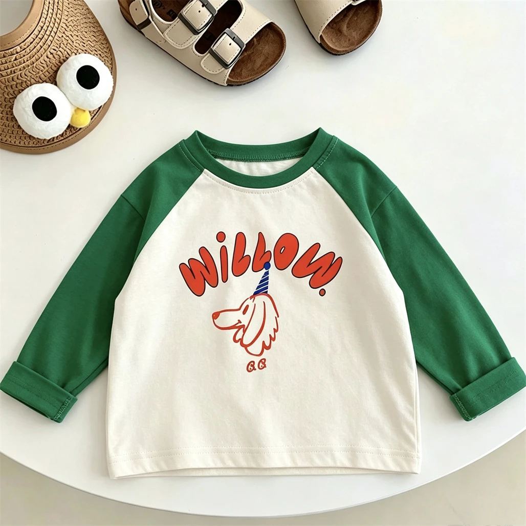 Korean Style Clothes Long Sleeve T-shirt Cartoon Printed Tops Solid Color All-match Tees Boys And Girls Lovely Crewneck Tops