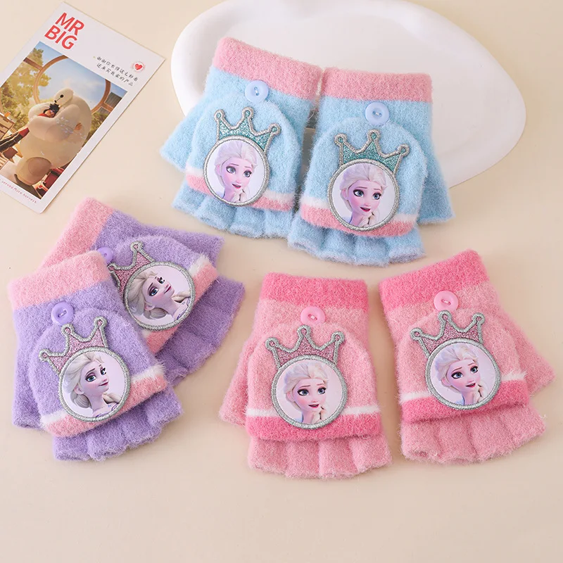 

New Elsa Princess Gloves Cartoon Five-Finger Flip-Top Kids' Gloves Winter Warmth Girls' Cute Gift 4-10 years old