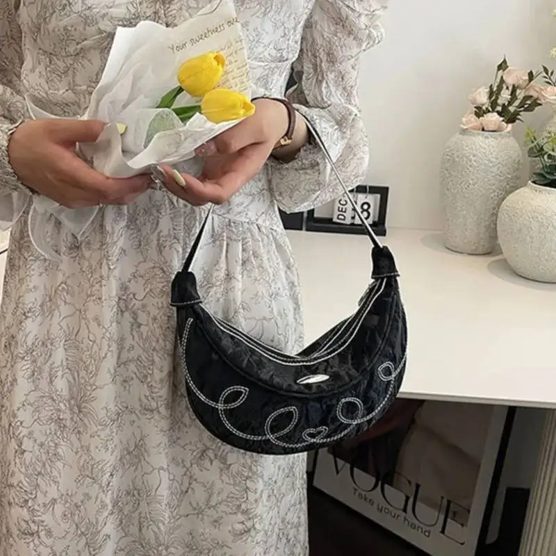 Bloom Hot Girls Pink Underarm Bag Purse Women Retro Sweet Cool Embroidered Y2k Hobos Bags Ladies Vintage Half Moon Handbag
