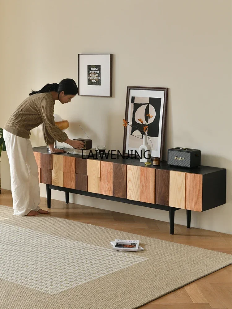 

Minimal TV combination cabinet, wabi-sabi wind black walnut solid wood carving color matching audio-visual cabinet