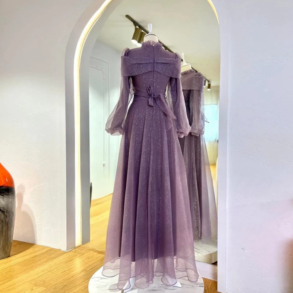 Dreamy Purple Muslim Evening Dresses Women's Sequins Lilac Lace Neck Homecoming Clothes Party Gowns Violet Prom Dress Gala Robe