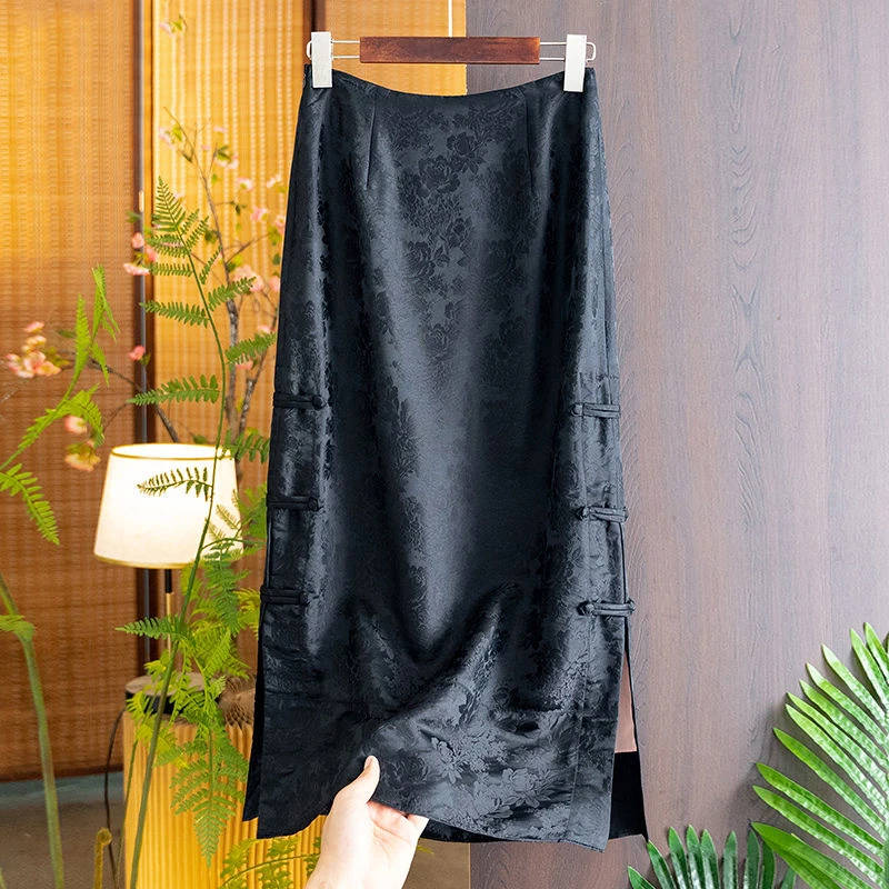 Chinese Style Women's Skirts Imitation Silk Jacquard Skirt Vintage Disco Elegance Buckle Slit High Waist A-line Long Skirt