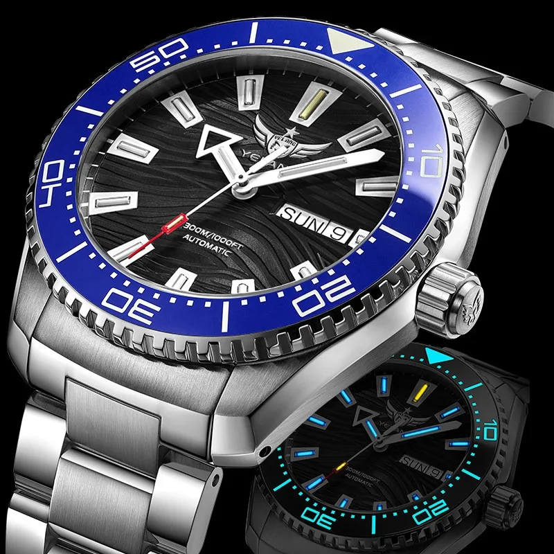 Yelang Men Automatic Watch Switzerland Movement 26Jewels  Diver WR300M Chinese English Date Military Mechanical 43.8MM