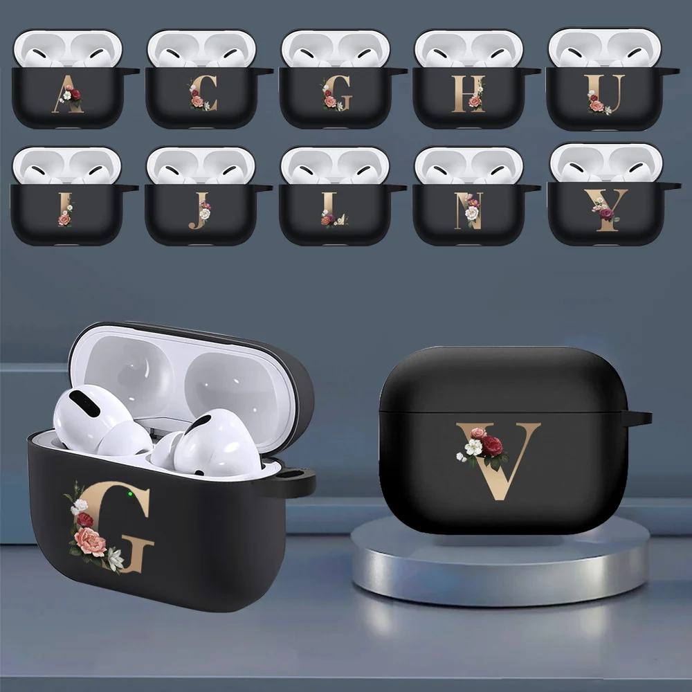 

For Apple Airpods Pro Black Wireless Bluetooth Headset Protective Shell Case Floral Initial Name 26 Letters Theme Silicone Cover