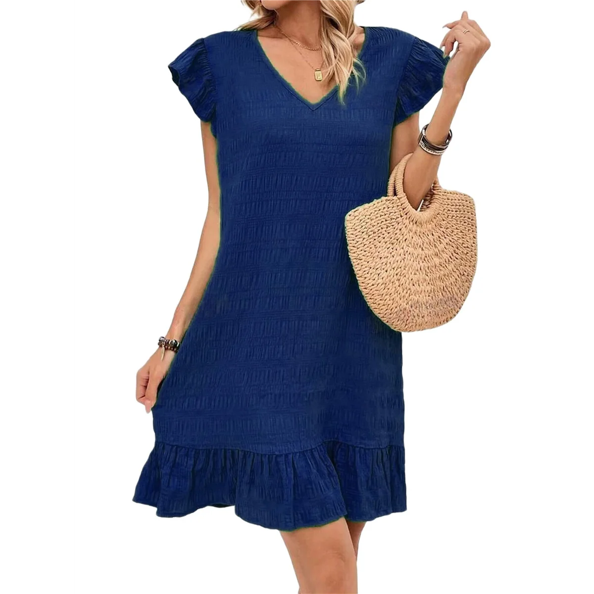 

Summer Dresses for Women V Neck Cap Sleeve Ruffle Hem Smock Short Dress Dark Blue L
