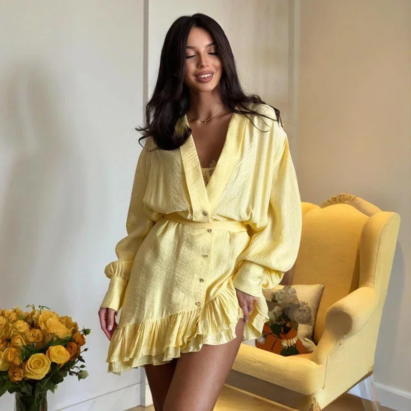 Fashion Ruffled Shirt Dress Women's Deep V Neck Loose Lantern Sleeve Mini Dress Irregular Loose Summer Vacation Outfits