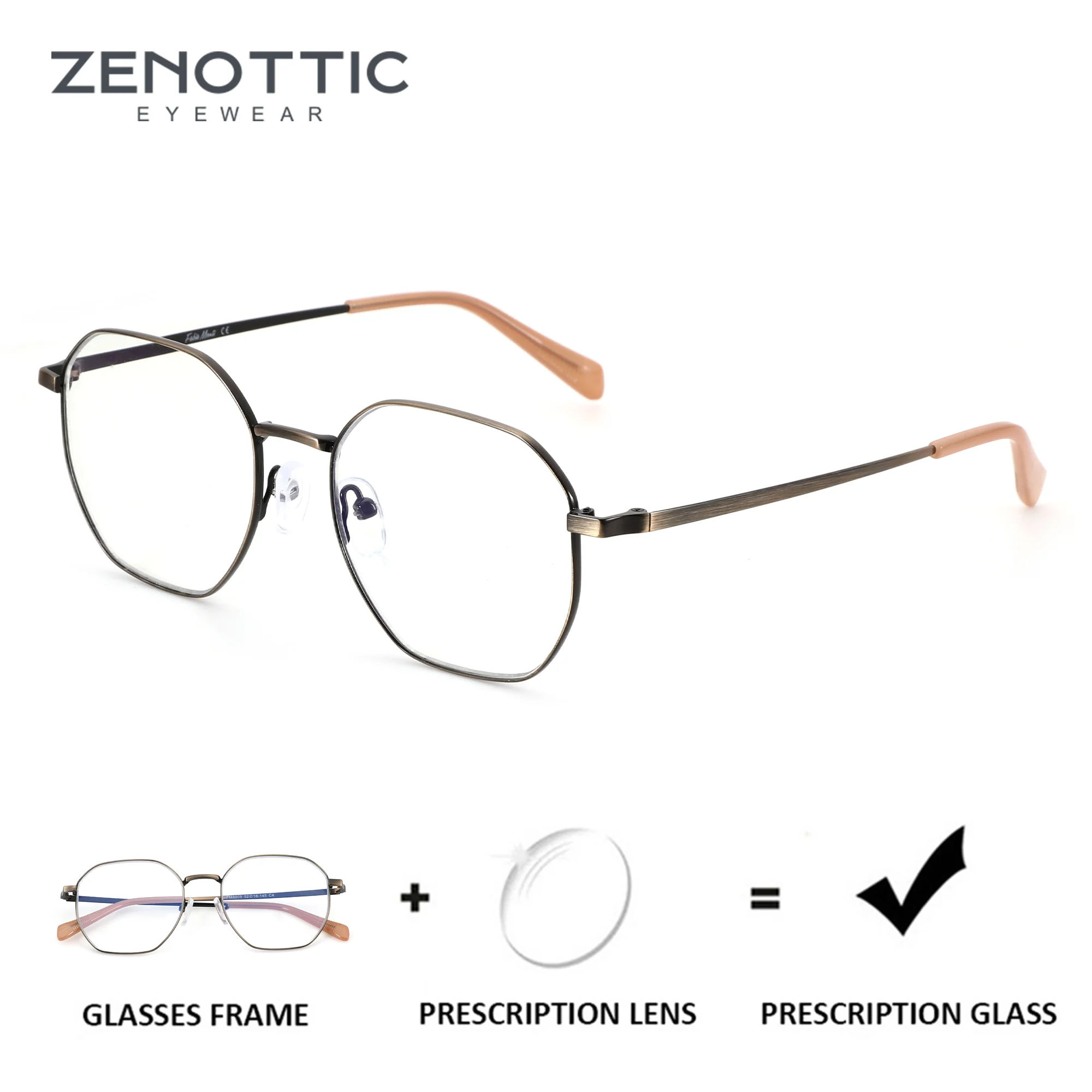 

ZENOTTIC (M Size)Custom Prescription Eyeglasses Unisex Polygon Metal Blue Light Photochromic Lenses Optical Glasses for Computer
