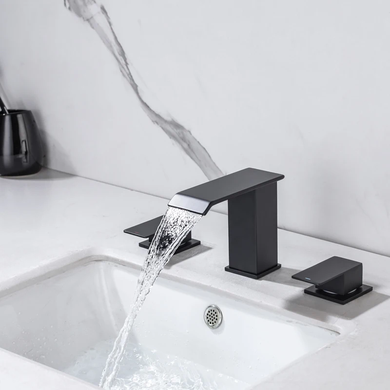 

Matte Black Waterfall Bathroom Faucet 3 Hole Widespread Basin Faucet 2 Handle Lavatory Vanity Basin Hot Cold Water Mixer Tap