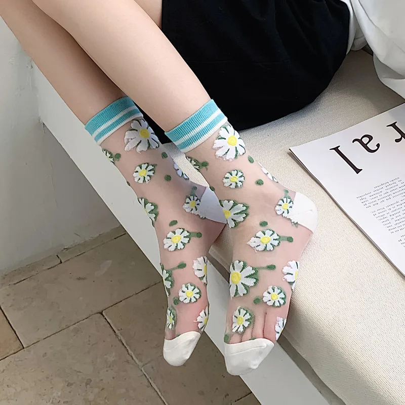 2022 Japanese Korea Fashion Jacquard Women Summer Cool Creative Floral Transparent Silk Trend Print Ultrathin Glass Silk Socks