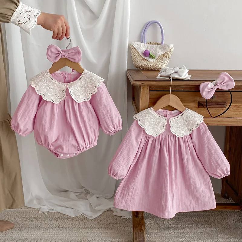 

Baby Girl Clothes Sister Outfit Bodysuit Headband Cute Lace Doll Collar Princess Dress Photograph Costume Infant Jumpsuit A1366