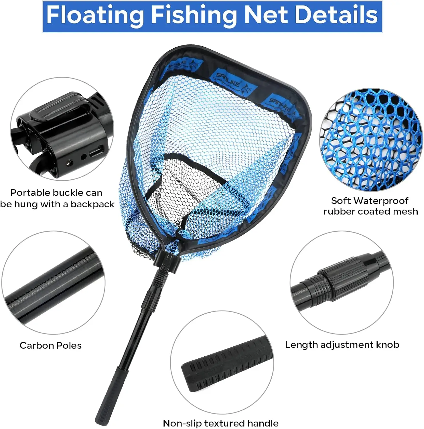SAN LIKE Floating Fishing Net Collapsible Fishing Nets for Fish Fishing Landing Net with Telescopic Pole Rubber Coated