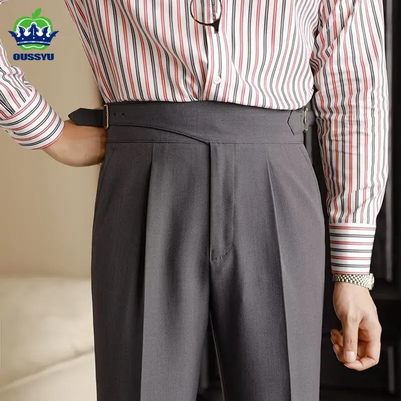 Brand Clothing Italian Naples Style Men's High Waist Spring Autumn Formal Trousers Business Straight Suit Pants No Ironing