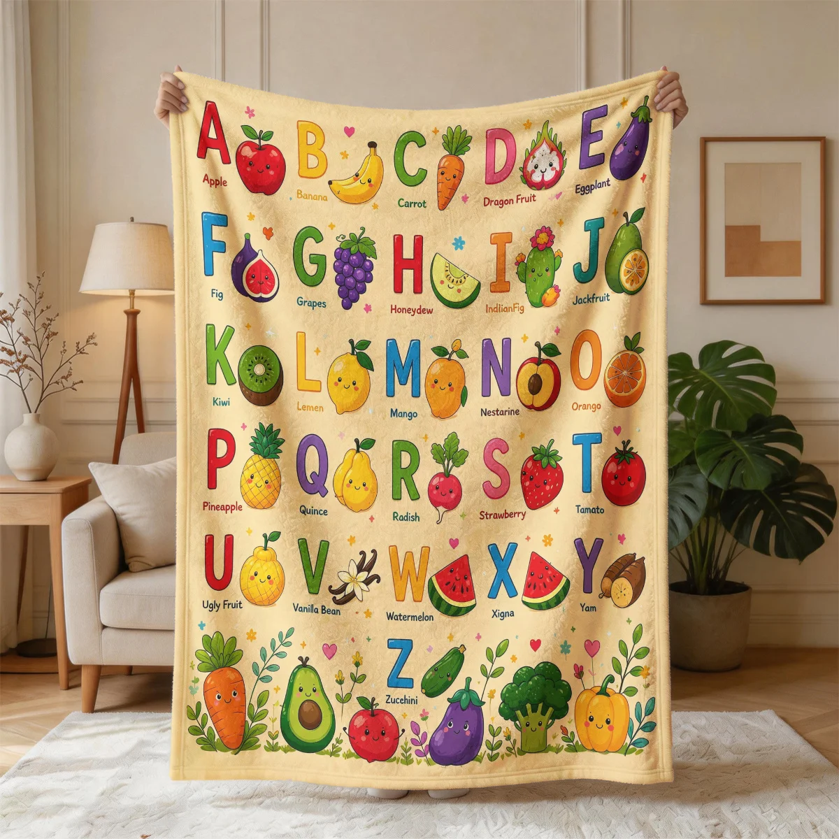 Alphabet Fruit Blanket Toddler Nursery Decor ABC Learning Kids Playroom Throw Blanket Gift