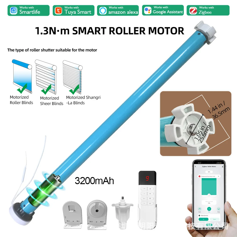 Tuya Smart ZigBee Lithium Battery Electric Curtain Roller Motor Suitable for 38mm Diameter Tubular Motor
