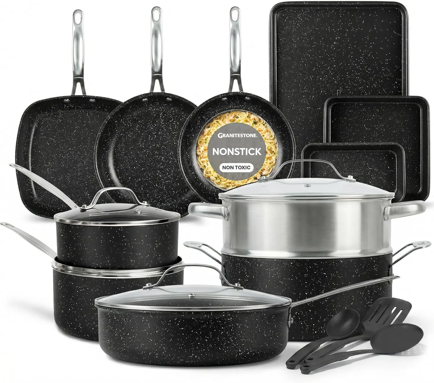 20-Piece Non-Stick Cookware Set with Saute Pan, Bakeware, Steamer & Utensils, Oven/Dishwasher Safe