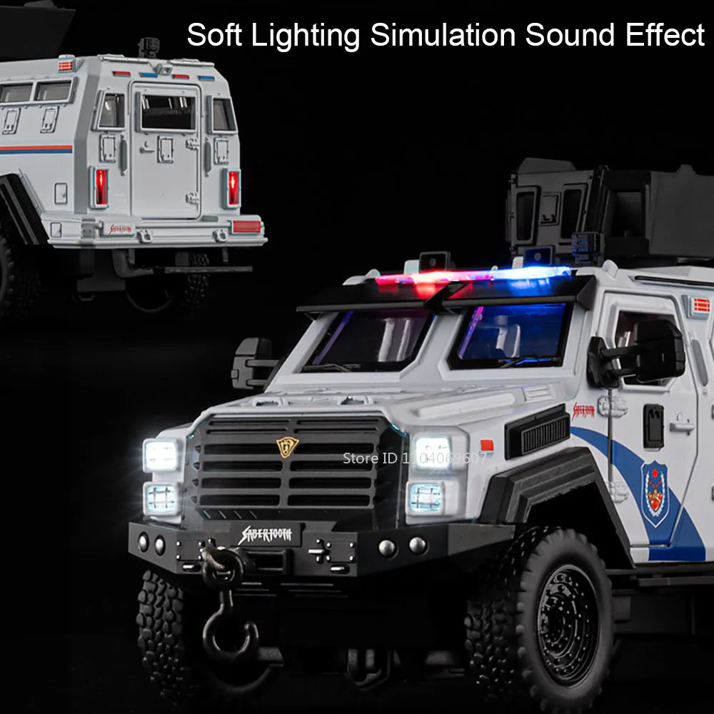 Modelli di auto giocattolo a dente di sciabola in scala 1:32 Metallo pressofuso Suono Luce 6 porte aperte Tirare indietro Spada Dentata Tigre Veicolo blindato Regalo