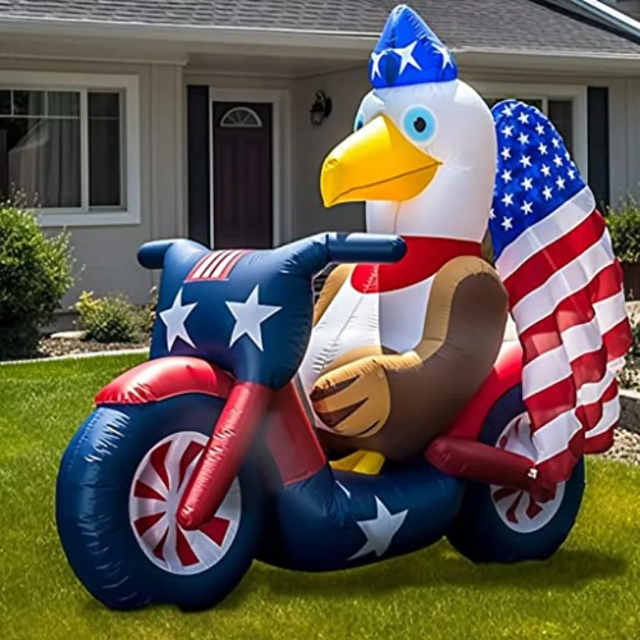 

USA 250th Anniversary Patriotic Inflatable 5FT Eagle on Motorcycle for 4th of July, LED Blow Up Yard Decoration Outdoor Decor f