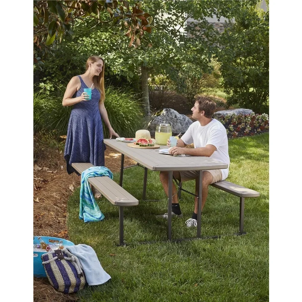 Outdoor Table with Rectangle, 6 Ft Folding Picnic Table, Taupe Wood Grain with Brown Legs, Outdoor Tables.