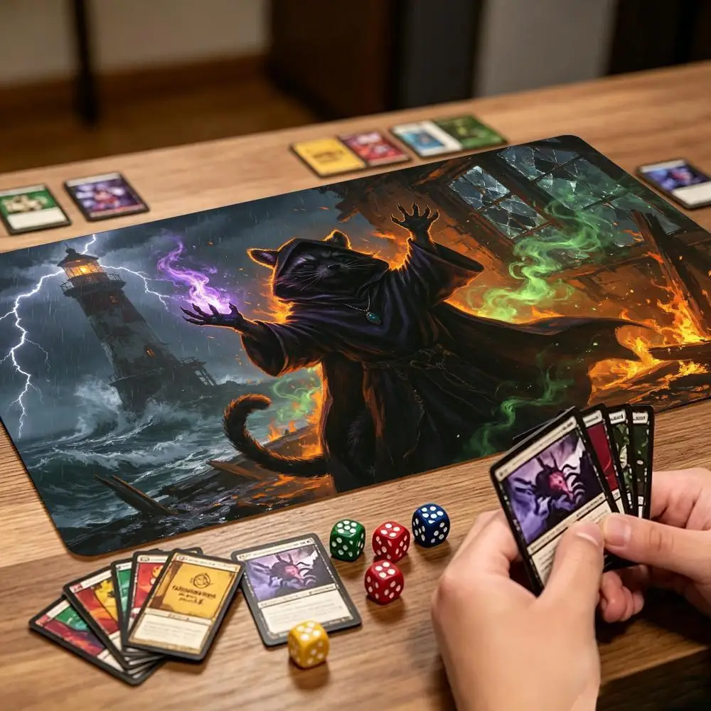 Fiery Raccoon Wizard Gaming Playmat Burning Magic Flame Art Desk Mat Non‑Slip Rubber Stitched Edge Pad For PC Gaming Enthusiasts
