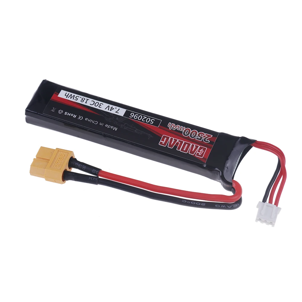 Batería Lipo 7,4 de 2500 V, 502096 mAh, 30C, enchufe XT60 para AKKU Mini, Airsoft, BB, pistola de aire eléctrica, piezas de pistolas de juguete