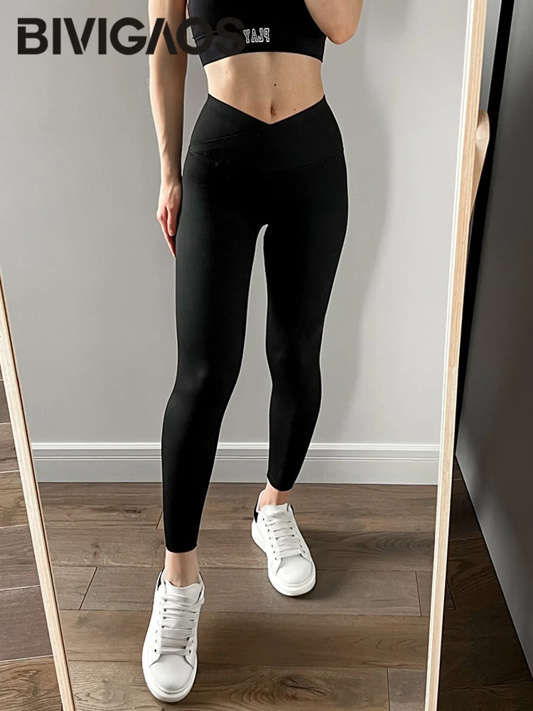 BIVIGAOS Legging Wanita Berbahan Dasar Kulit Hiu dengan Garis Pinggang Silang Musim Gugur Pengangkat Bokong Legging Seksi Ketat Fitness Pembentuk V Celana Hiu Pinggang Tinggi Bentuk V