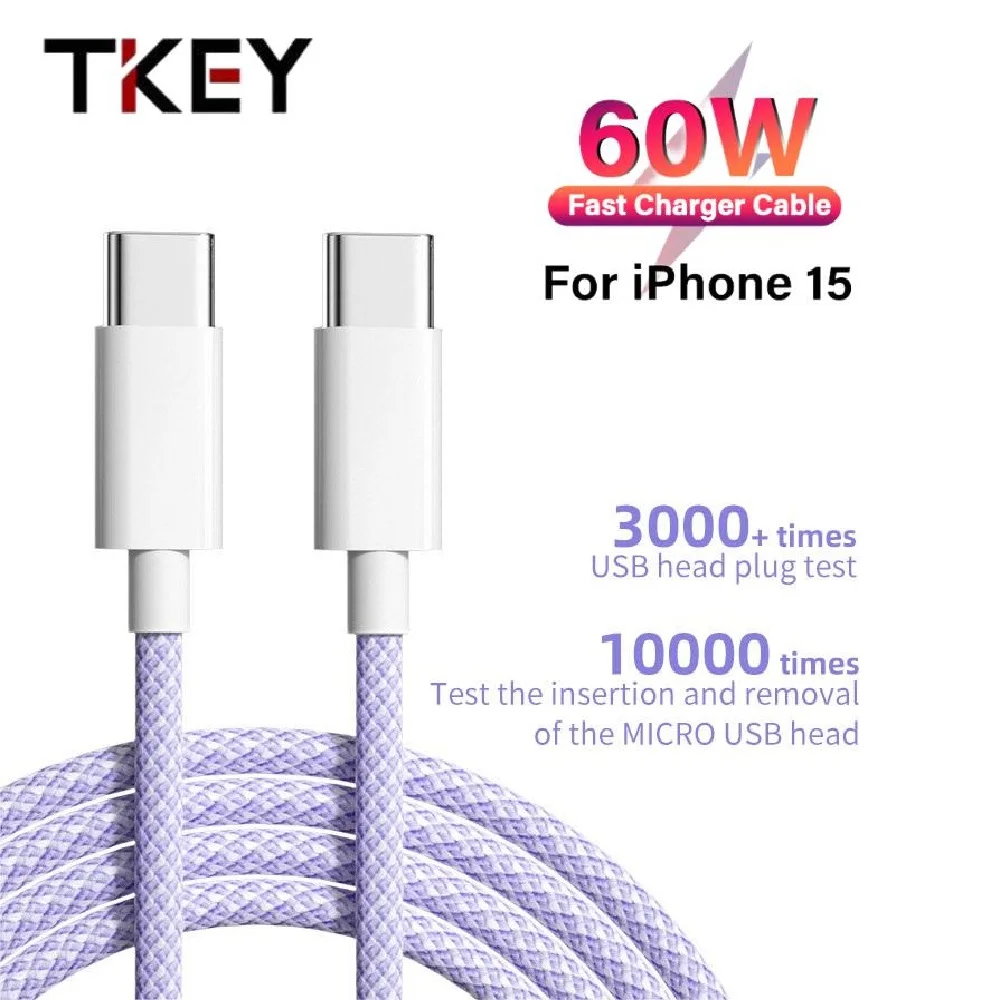 

Tkey PD 60W USB C to USB Type C Cable Fast Charge Data Cable For iPhone 15 15 Pro Max Type C To Type C Data Line For Samsung S23